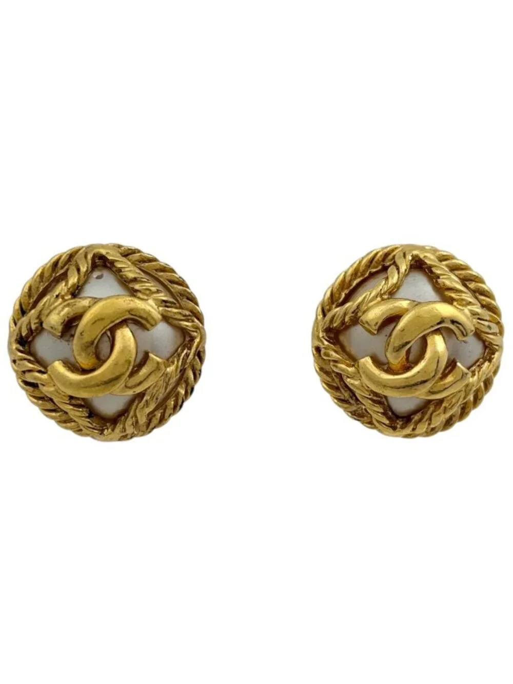 Chanel Earrings CC Logo Round Faux Pearl Gold White